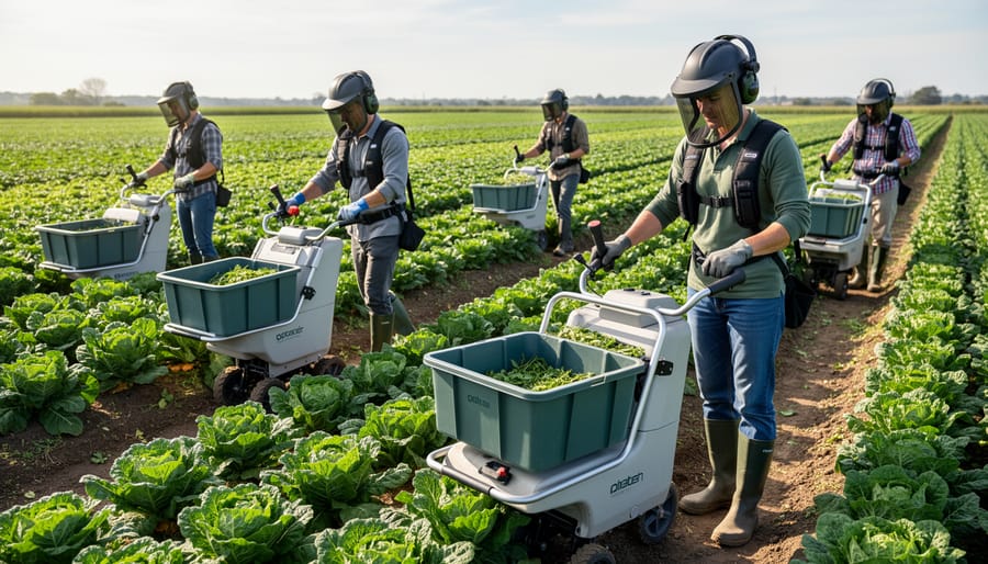 Ergonomic harvest cart with mechanical lift system in agricultural field