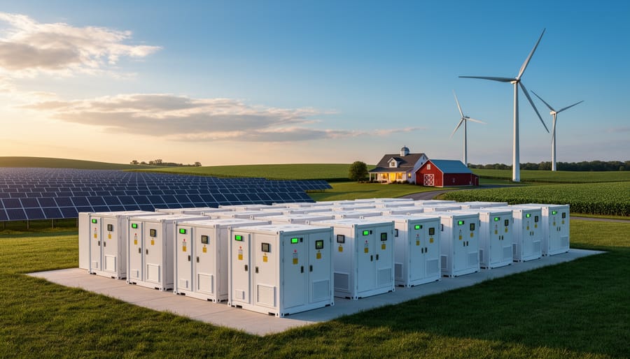 Commercial battery storage system installed in farm building for renewable energy