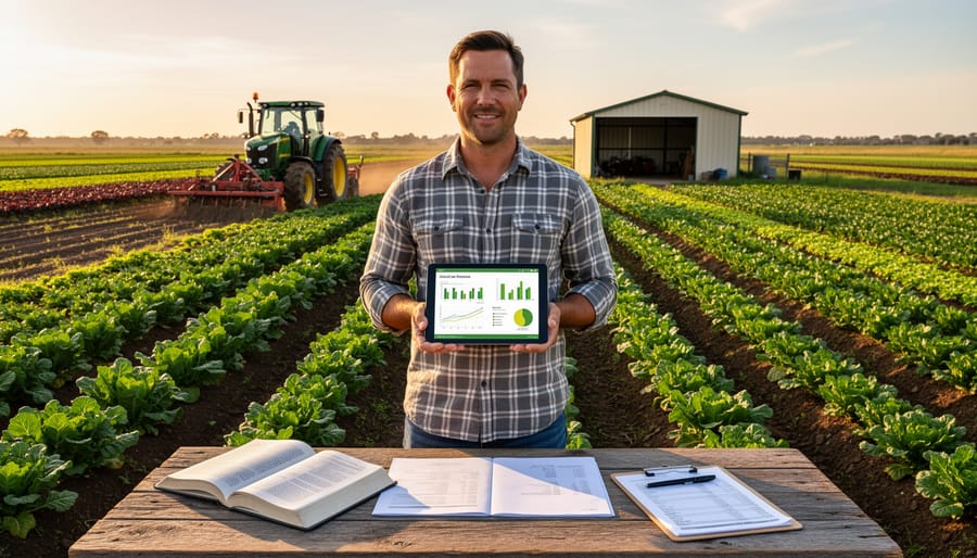 Farmer's business planning materials including notebook, seed packets, and financial documents on wooden table