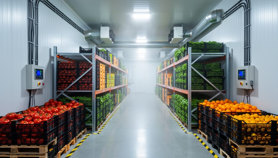 Interior view of farm cold storage facility with produce on shelving and refrigeration equipment