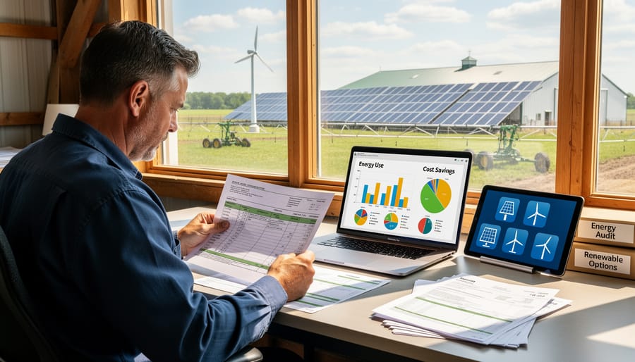 Farmer reviewing energy bills and planning renewable energy transition at farm office desk