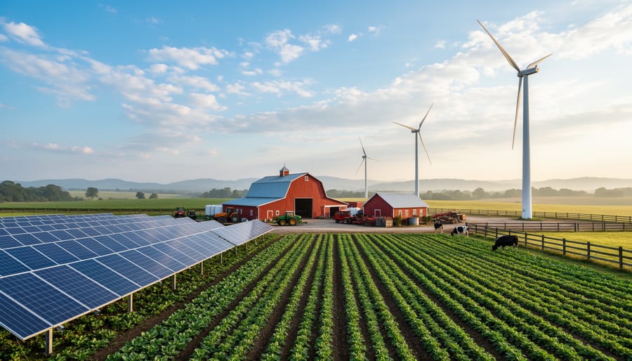 Solar panels and wind turbine installed on working farm with grain silos and barn