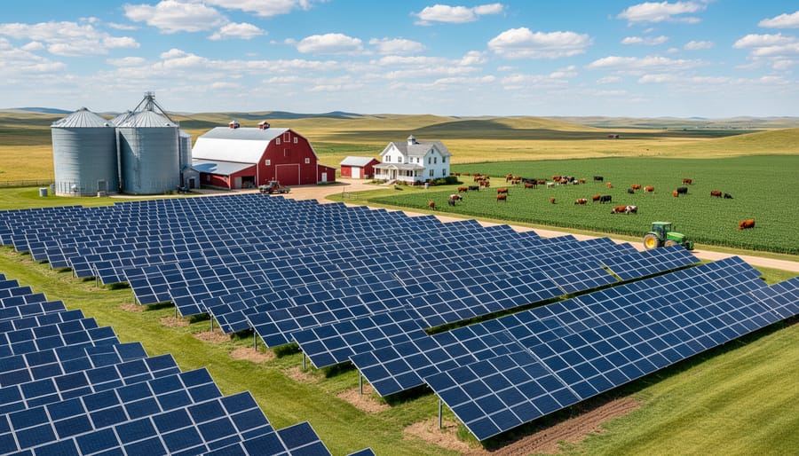 Aerial view of Alberta farm with solar panel array next to grain storage facilities