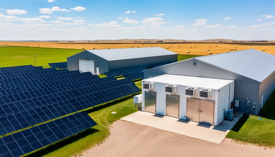 Ground-mounted solar panel array installed beside farm buildings in rural Alberta