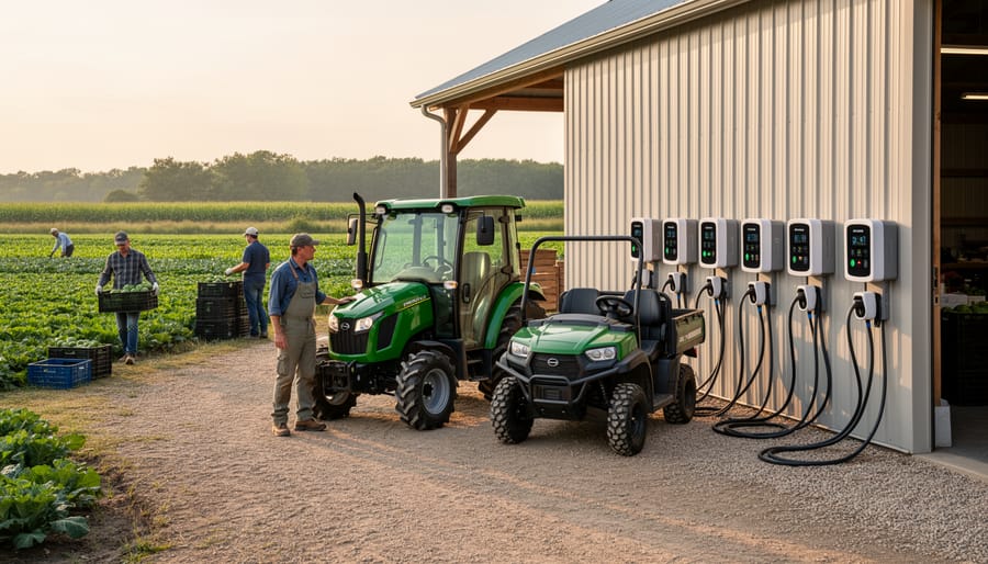 Farmer connecting electric tractor to charging station in farm workshop