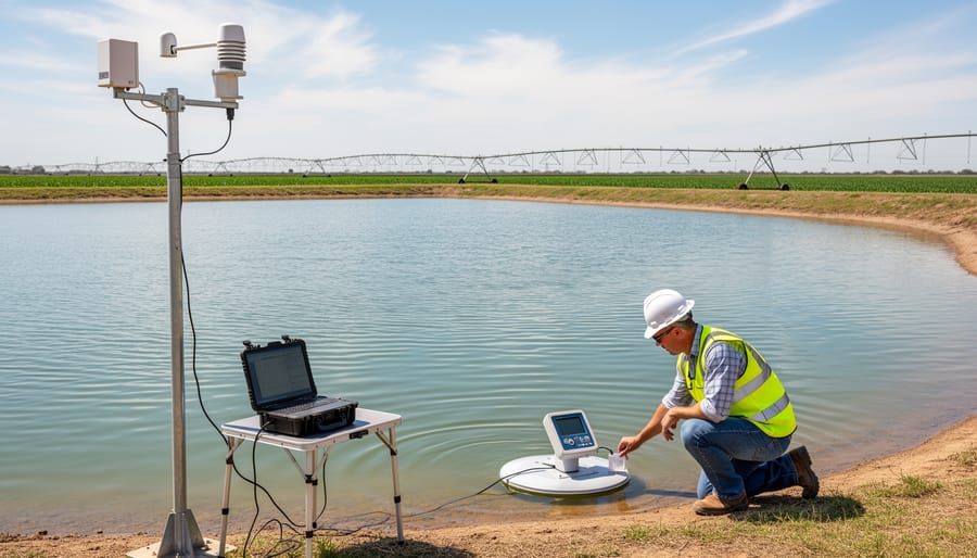 Farmer monitoring water levels at farm reservoir to track evaporation rates
