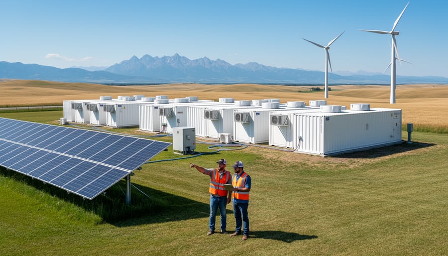 Farmer monitoring renewable energy system performance at solar-powered cold storage facility