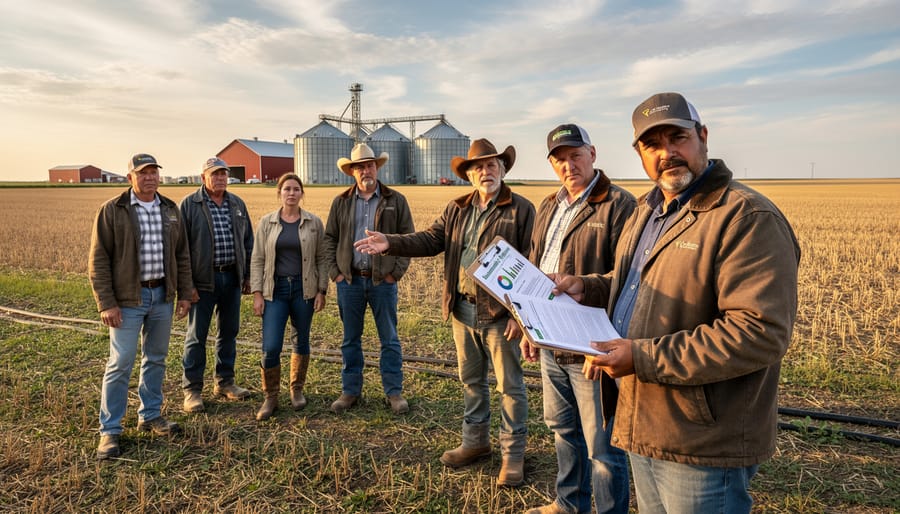 Alberta farmer reviewing program paperwork in wheat field with concerned expression