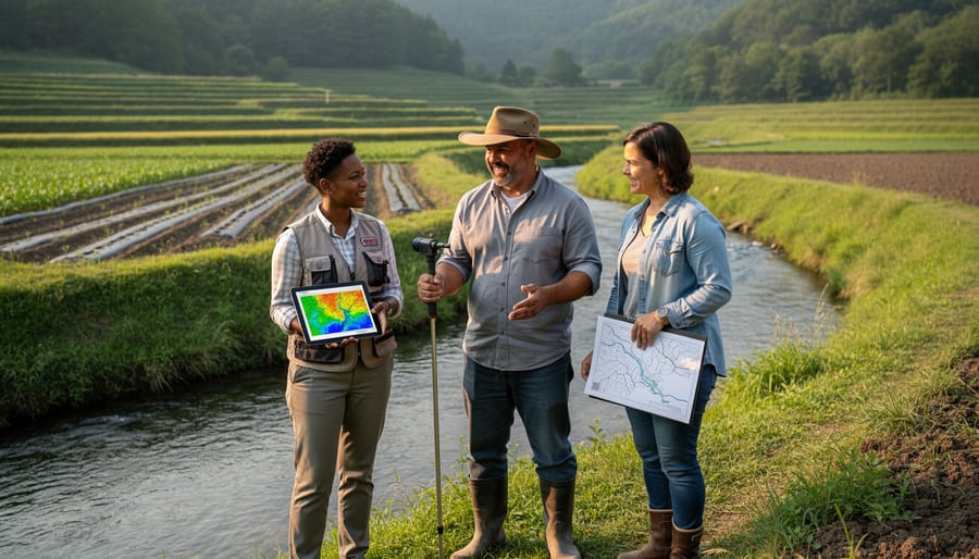 Overhead view of farmers collaborating around table with watershed maps and water samples