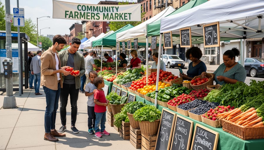 Diverse shoppers examining fresh produce at outdoor farmers market with wooden crates and market stalls