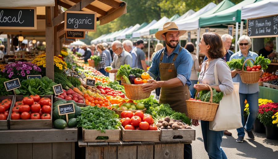 Fresh organic vegetables and herbs displayed in wooden crates at farmers market stand