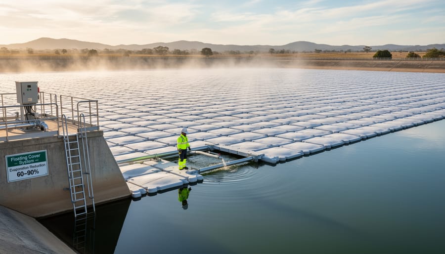 Modular floating covers installed on farm reservoir surface to prevent evaporation