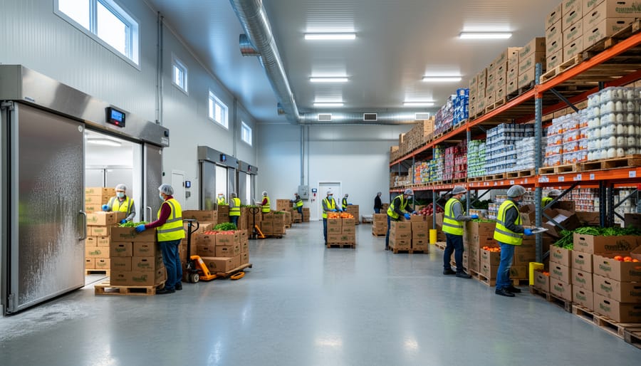 Interior of professional cold storage facility at community food hub with organized produce storage