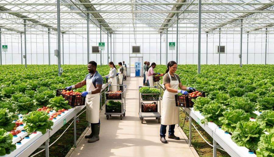 Farm workers harvesting fresh greens in a well-lit greenhouse environment
