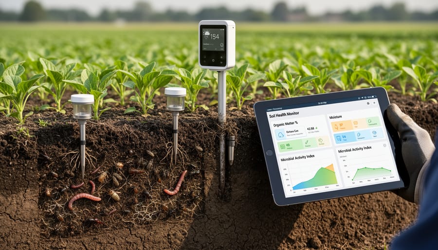 Canadian farmer examining digital soil sensor device while standing in wheat field