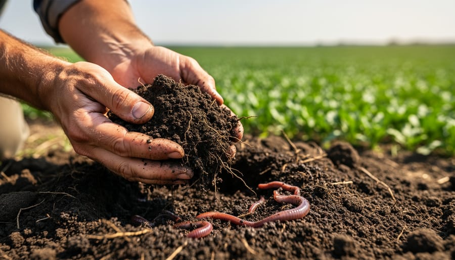 Close-up of healthy dark soil with earthworms and organic matter in farmer's hands