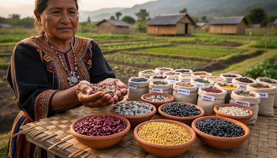 Overhead view of diverse Indigenous heritage seed varieties displayed in wooden bowls and baskets