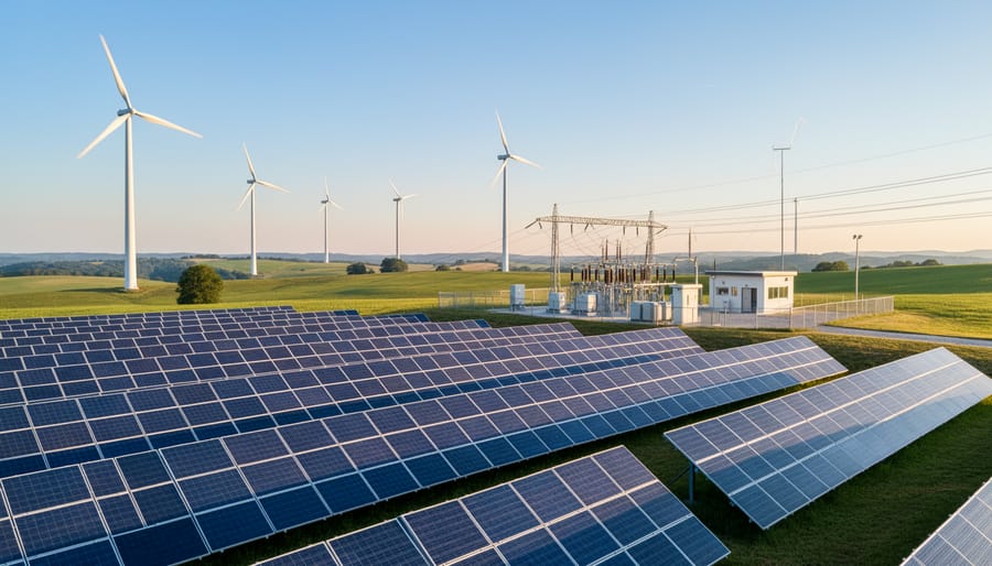 Farm with hybrid renewable energy system showing solar panels, wind turbine, and grid connection
