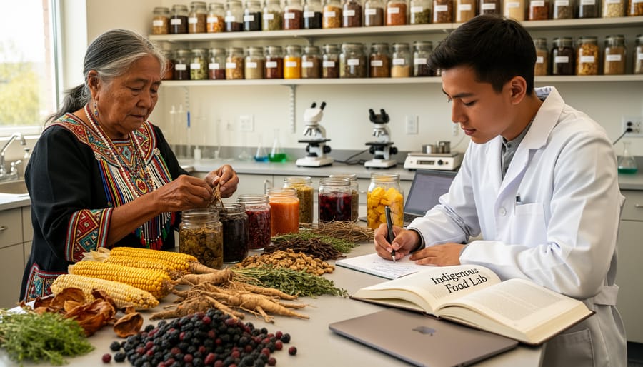 Indigenous elder and researcher examining preserved foods and dried herbs together at laboratory table