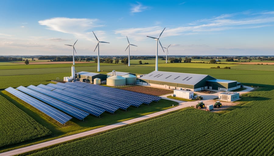 Farm landscape with wind turbine and solar panels integrated into agricultural operation at sunset