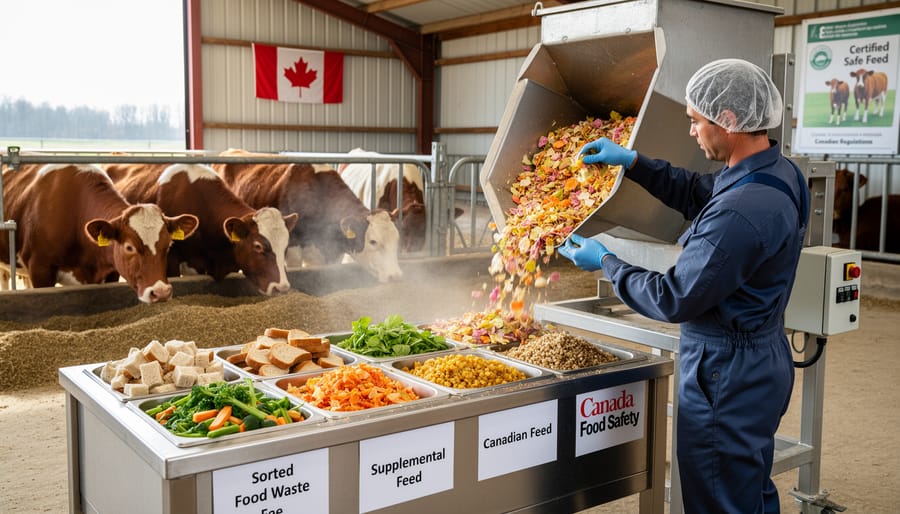 Pigs being fed processed restaurant food waste in farm setting