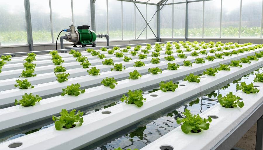 NFT aquaponic system showing lettuce plants growing in sloped channels with flowing water