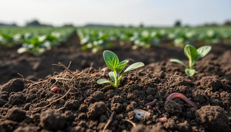 Close-up of nutrient-rich dark soil with organic matter held in farmer's hands