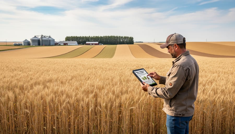 Farmer holding different varieties of wheat and barley seeds suitable for Alberta conditions