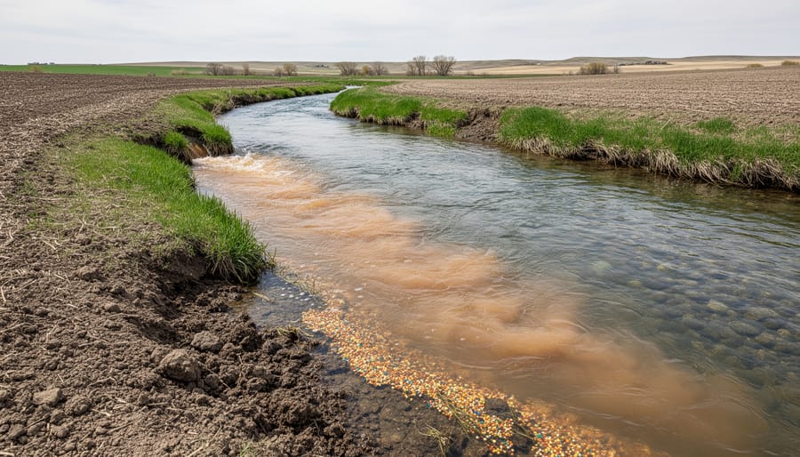 Muddy agricultural runoff flowing into clear prairie stream showing water contamination