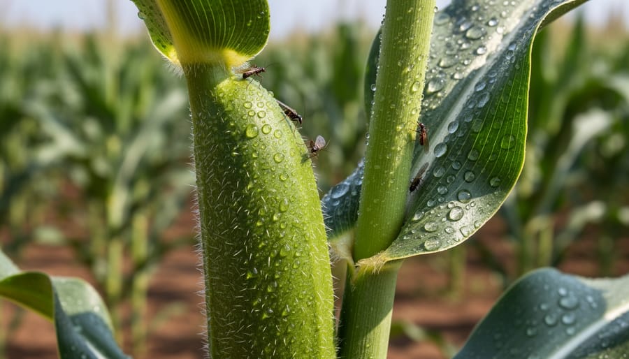 Macro close-up of wheat stem showing natural physical defenses including waxy coating and protective hairs
