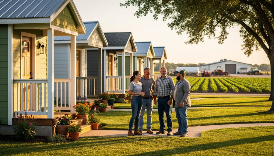 Modern worker housing units on agricultural property with maintained grounds