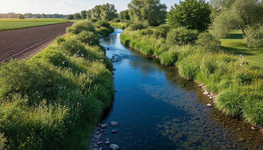 Natural buffer zone with native vegetation protecting stream on organic farm