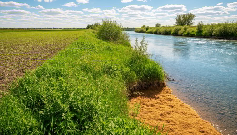 Native grass buffer zone separating agricultural field from stream in prairie landscape