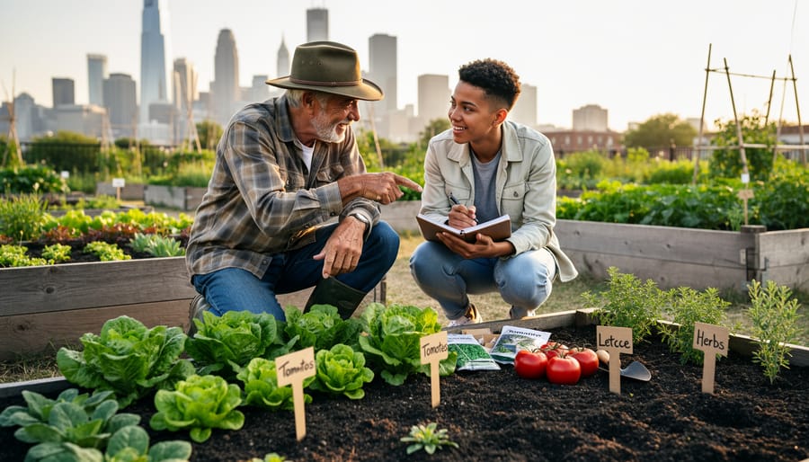 Rural farmer teaching urban students in community garden setting