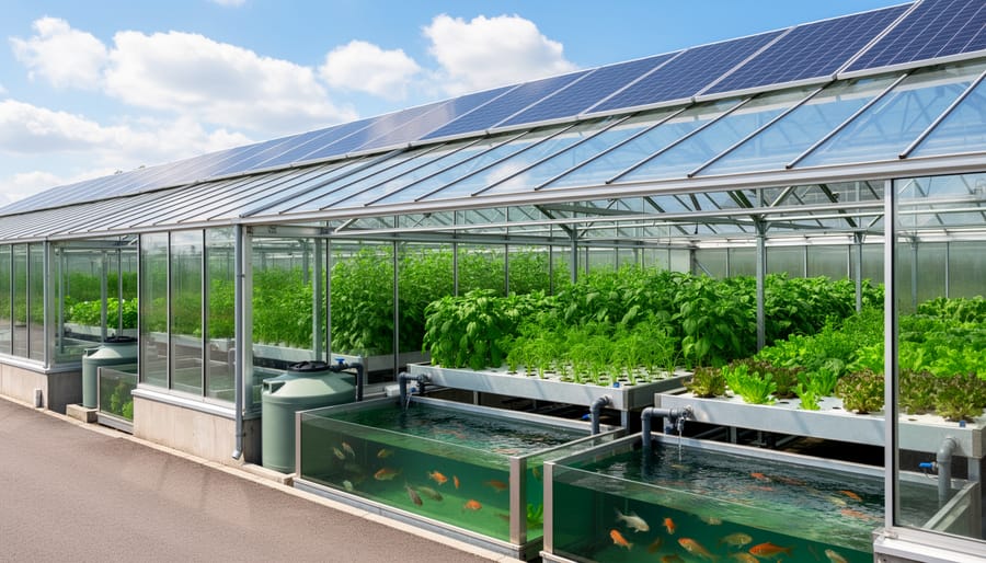 Solar panels installed on greenhouse roof with aquaponic growing system visible underneath