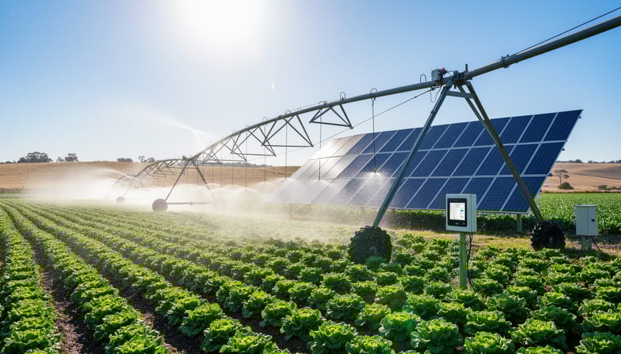 Farmer operating irrigation pump powered by solar panels during daylight hours