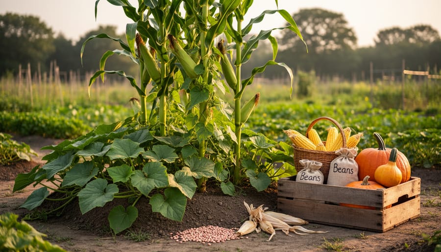 Three Sisters companion planting showing corn, beans, and squash growing together in garden
