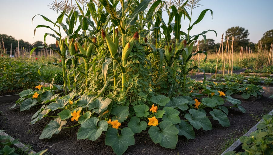 Three Sisters garden showing corn, beans, and squash growing together in traditional Indigenous polyculture system
