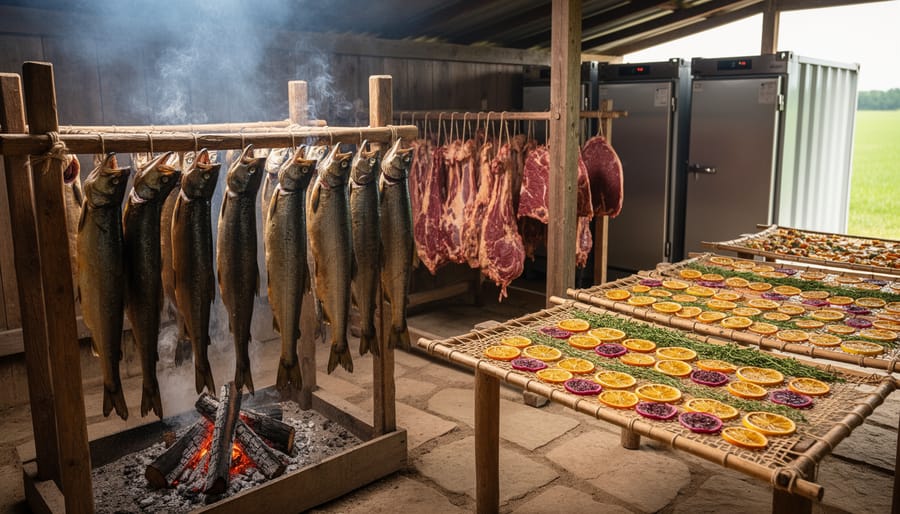 Close-up of fish strips drying on traditional wooden smoking rack with visible smoke