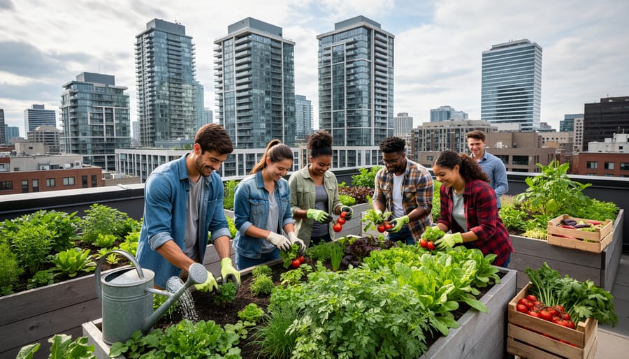 Diverse group of young adults working together in urban rooftop garden with city skyline in background