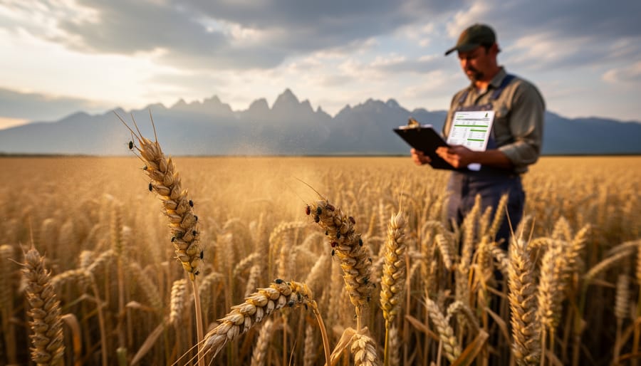 Wheat field showing visible pest damage on stalks and grain heads