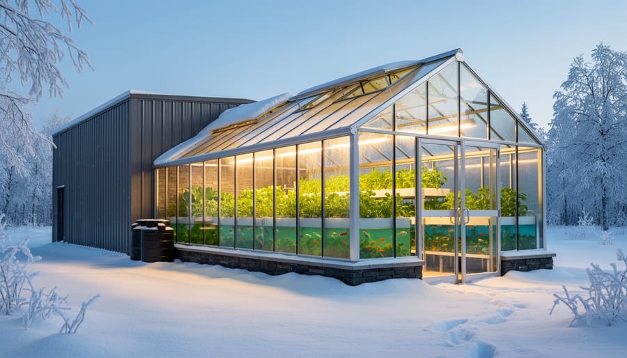 Insulated greenhouse structure in winter conditions designed for year-round aquaponic production