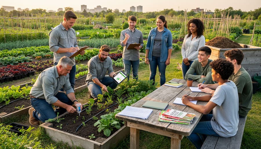 Young farmer instructor teaching teenagers about seedling transplanting at outdoor workbench