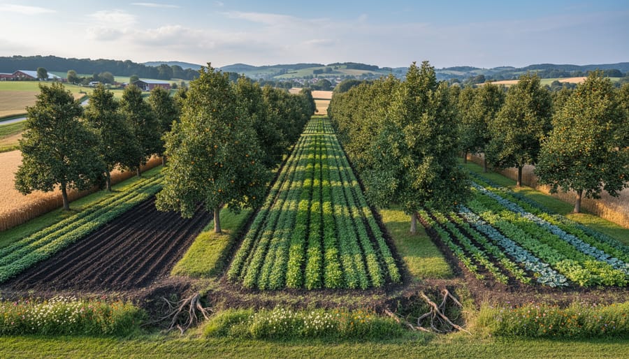 Aerial view of agroforestry system with tree rows integrated into crop fields
