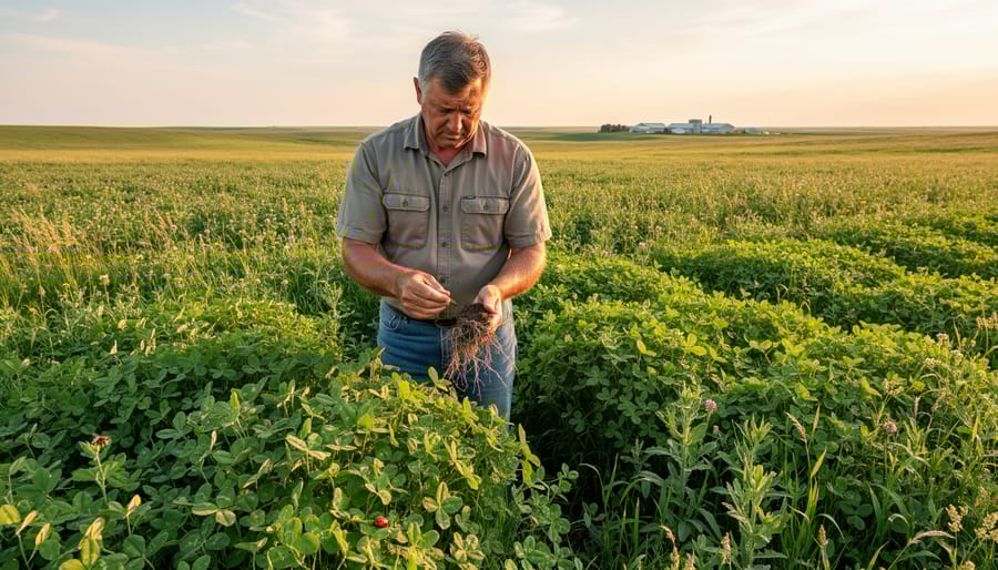 Alberta farmer examining flowering cover crop field used for sustainable pest management