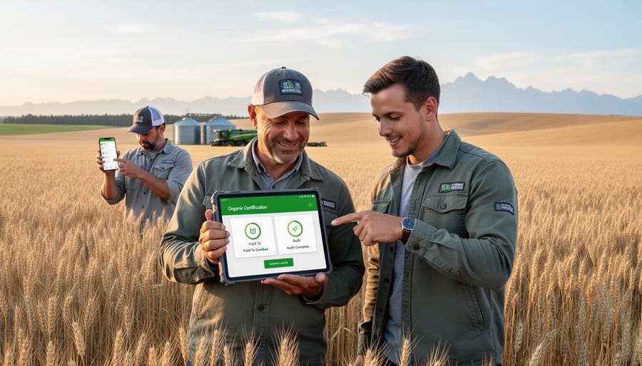 Farmer using tablet computer in wheat field during golden hour