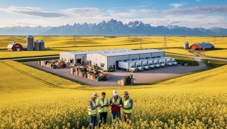 Wide view of Alberta prairie farmland with rolling fields under dramatic cloudy sky