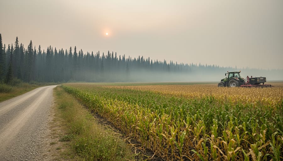 Aerial view of Alberta farmland with wildfire smoke visible over distant forest