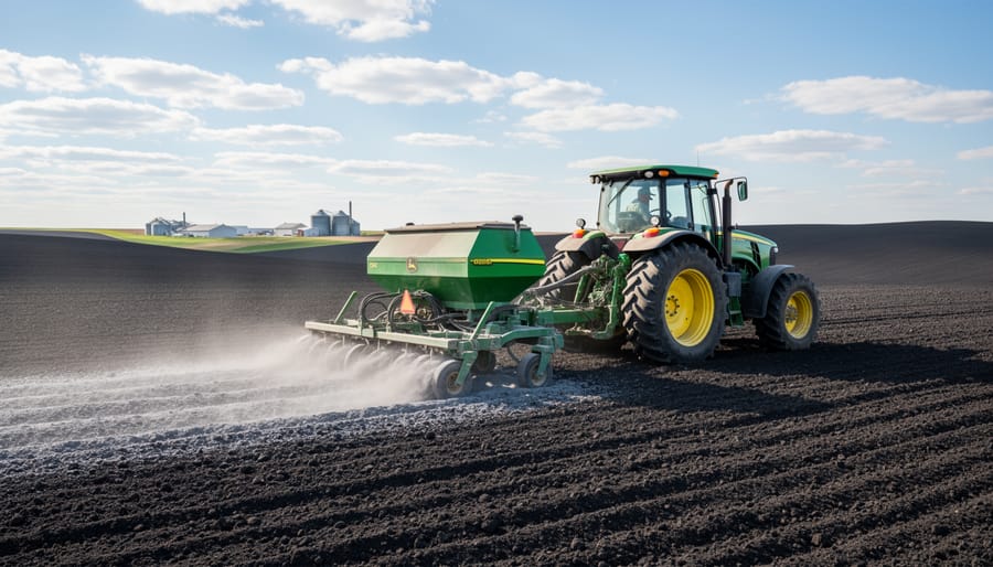 Farmer applying volcanic ash soil amendment across prairie field with spreader equipment