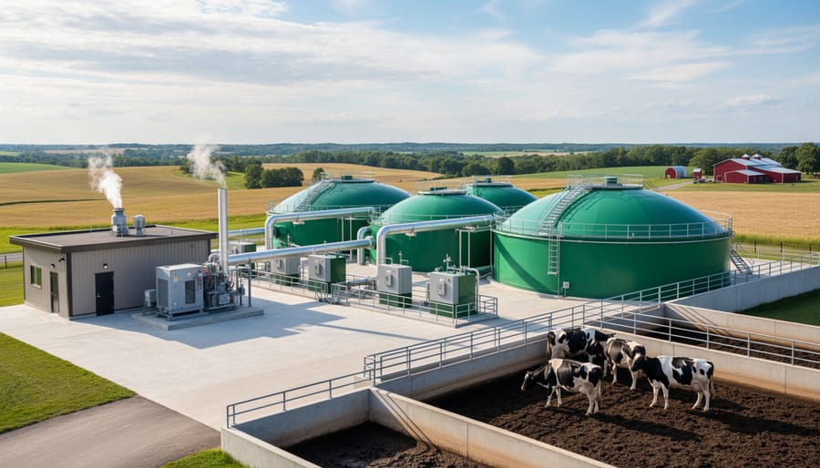 Large anaerobic digester facility on Canadian dairy farm with barn and cattle in background